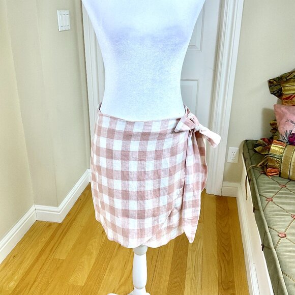 Reformation Skirt Wrap Linen Mauve Check Sax Primrose Gingham Mini Side Tie (L) - Picture 1 of 9